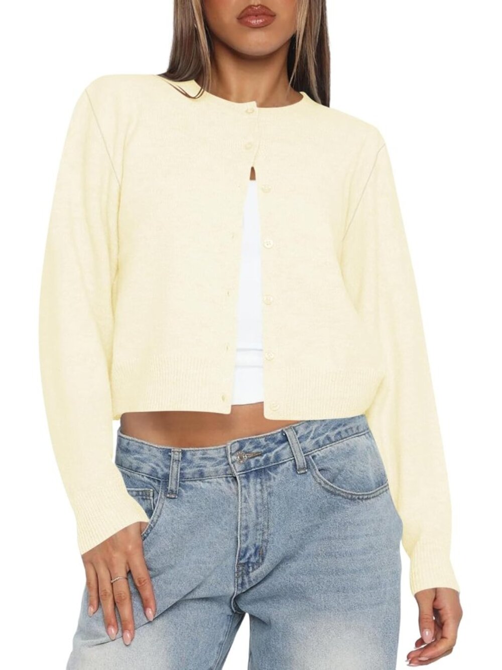 Women's White Long Sleeve Button Up Cropped Imported Cardigan Sweaters